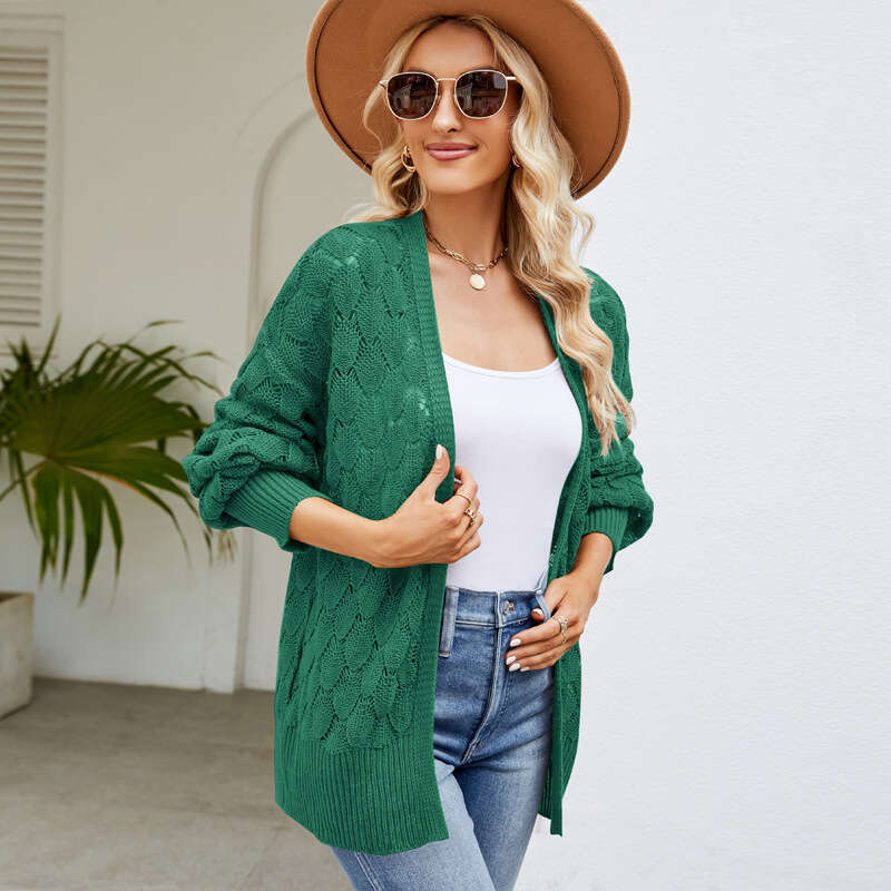 V-neck hollowed out long sleeved cardigan loose knitted jacket