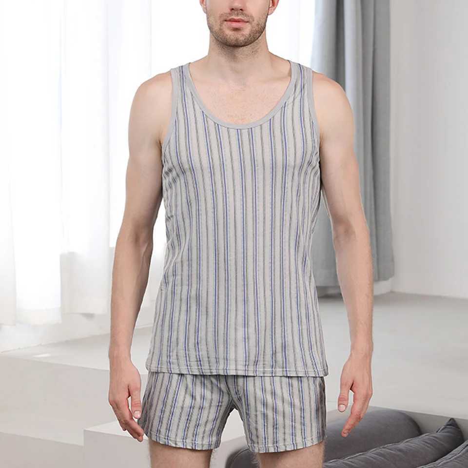 Mens Pajamas Set Summer Thin Cotton Male Sleeveless Vest Shorts Sleepwear Loungewear Nightwear Homesuit Casual Homewear Y240913