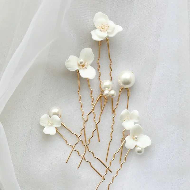 6Pcs/Set Ceramic Flower Bridal Hairpin Tiara Accessories New Arrival Simple Pearl Wedding Headpiece Jewelry For WomenX240913