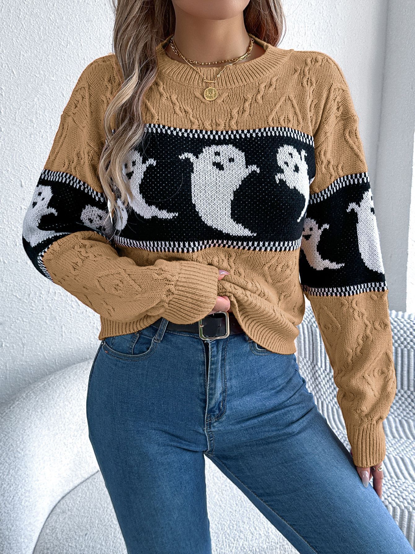 dongdumaoyi New autumn and winter women's Halloween themed ghost contrasting knitted sweater top with lazy style loose sweater for women F0913#58