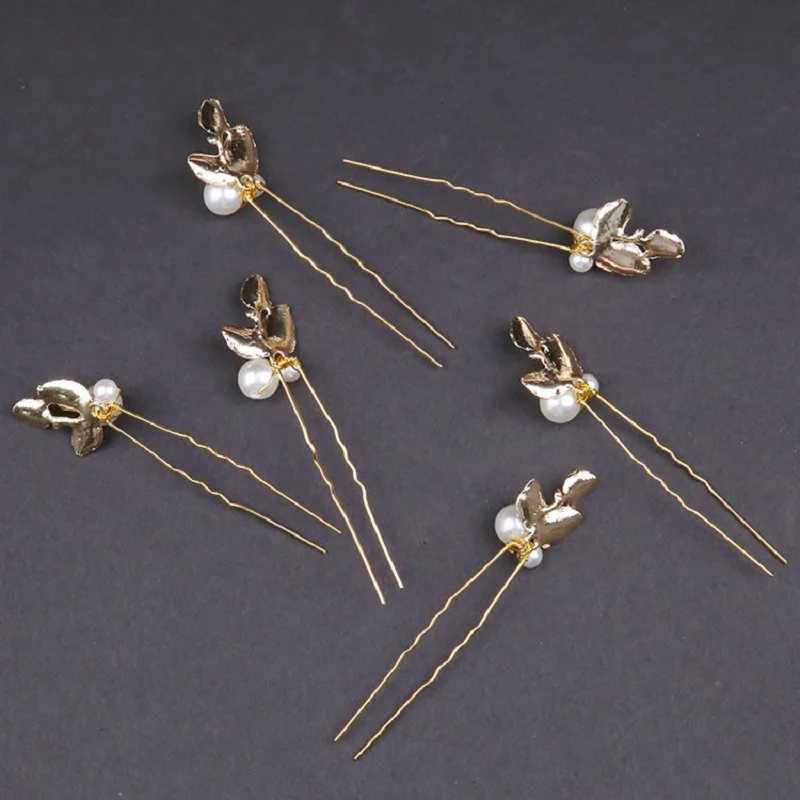 5pcs Leaf U-shaped Hairpin Wedding Hair Accessories Golden Pearl Hair Bride Tiara Marrige Hair Jewelry Marriage Bijoux For WomenX240913
