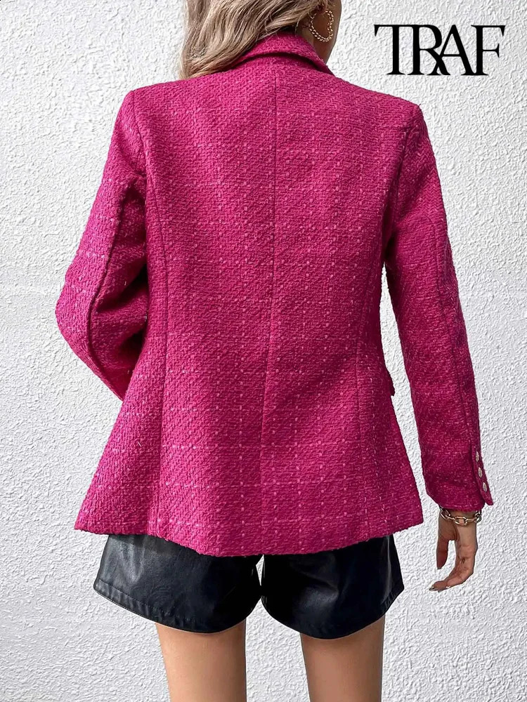 TRAF Women Fashion Double Breasted Tweed Blazer Coat Vintage Long Sleeve Flap Pockets Female Outerwear Chic Tops 240911