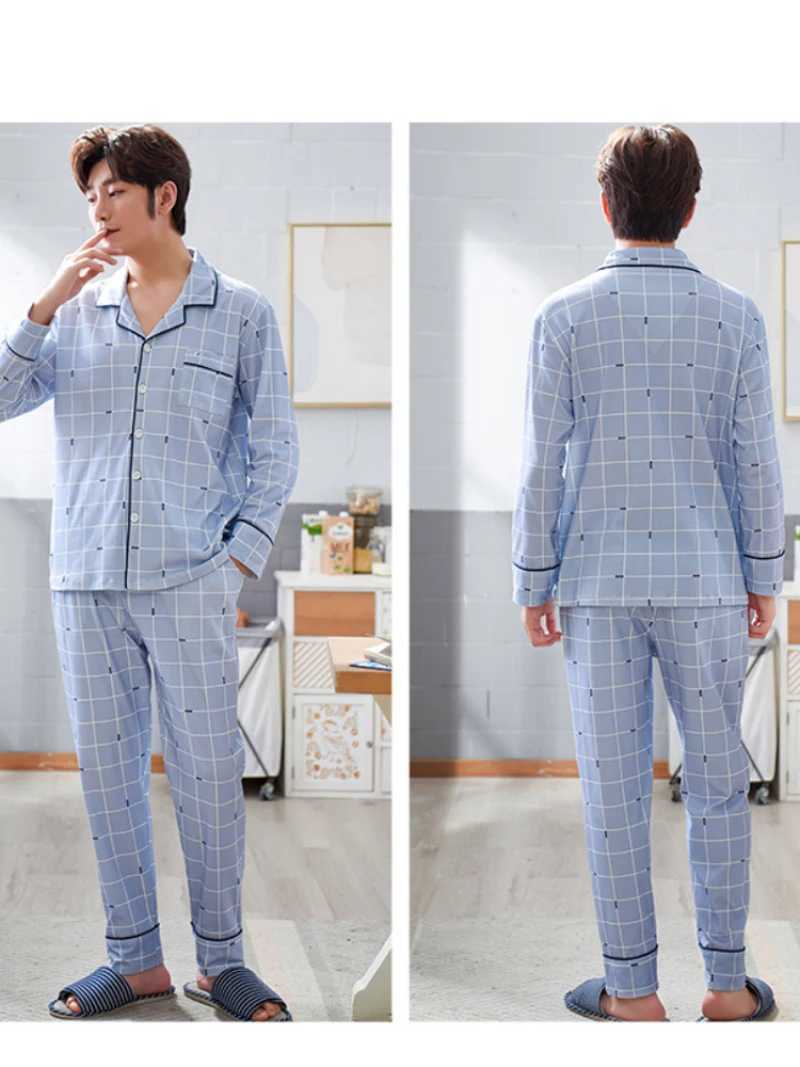 Spring Autumn Mens Cotton Pajamas Letter Striped Sleepwear Cartoon Pajama Sets Casual Sleep Lounge Pyjamas Big Size 3XL Pijama Y240913