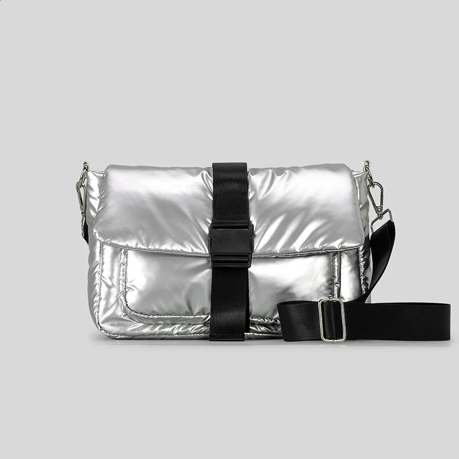 Fashion Silver Square Puffer Bag Padded Women Shoulder Bags Casual Nylon Down Cotton Crossbody Bag Trend Wide Strap Flap Purses 240907