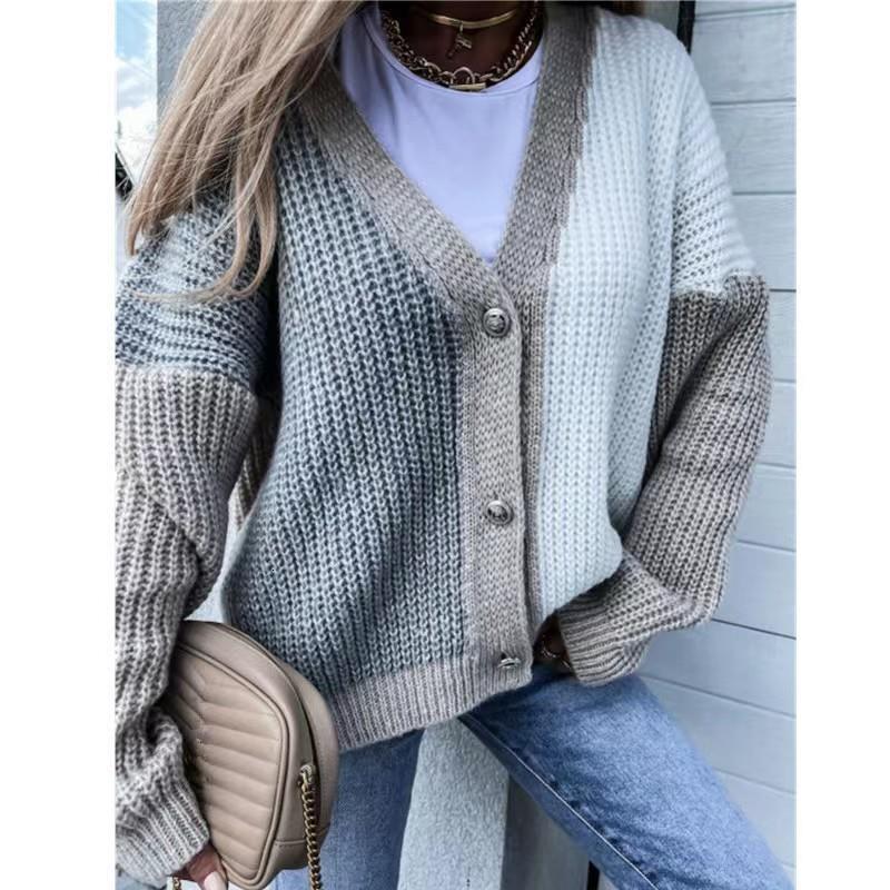 Women's clothing 2024 autumn and winter new collection spliced personalized fashion V-neck knitted sweater cardigan trend