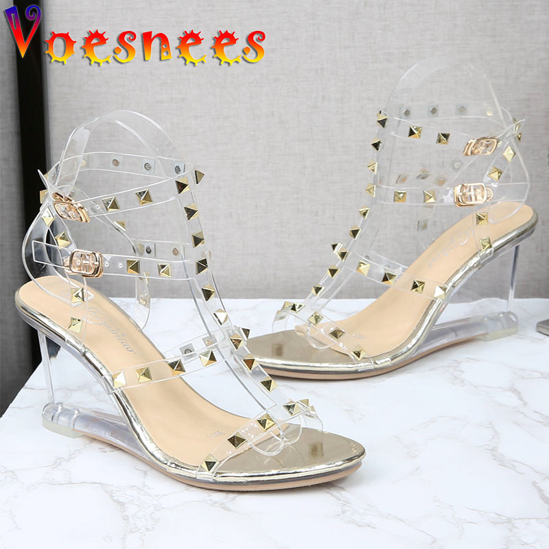 Voesnees 2021 Summer New Devise Studded Rivet Women Shoes PVC Transparent Wedges Sandals 8CM Crystal High Heel Shoes Size 34-41