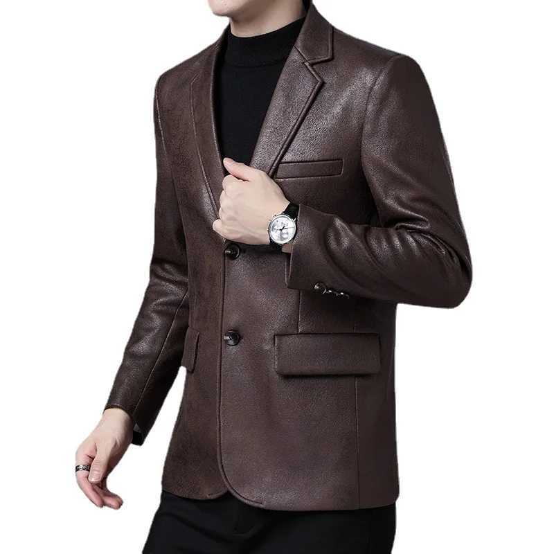 2021 New Men Leather Jackets 2 Button Formal Dress Suits Fashion Man Blazers Black Brown Solid Motorcycle Coat Suede Jacket MaleX240913