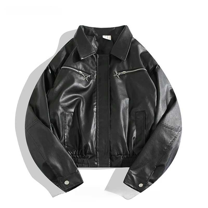Mens Motorcycle Racing PU Leather Jacket Autumn Winter Hong Kong Style High Street Long Sleeve Loose Hip Hop Short Zipper CoatsX240913