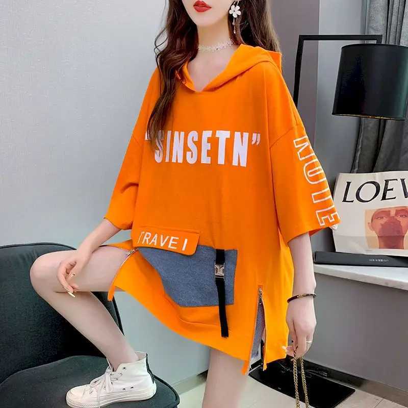Design Sense Split Short-sleeved T-shirt Women Korean Large Size Five-point Sleeves Hoodie Loose Mid-length Hooded Tops Summer M240912