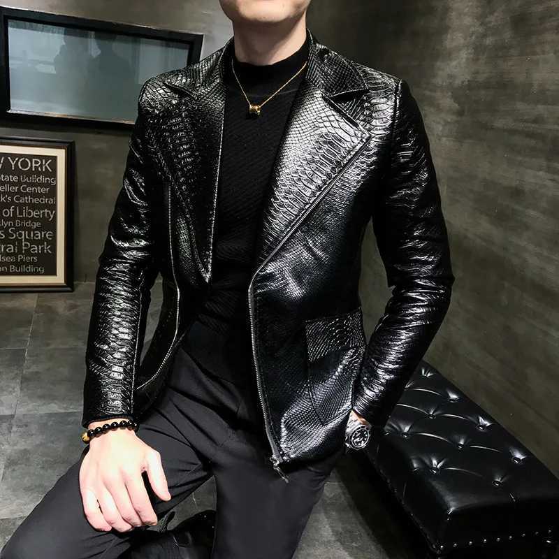 New Crocodile Patterns Leather Jacket mens solid lapel Slim Fit PU Coats Casual Blazer Leather Jacket Motorcycle OutwearX240913