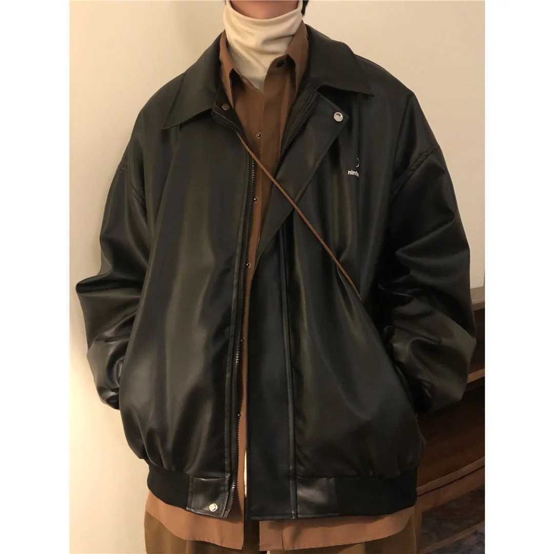 Spring Autumn PU leather jacket mens retro Black motorcycle leather Loose Lapel Streetwear Trendy Male Oversize Coat OutwearX240913