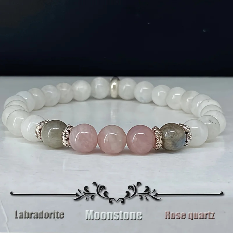 1pcMoonstone Labradorite and Rose Quartz Bracelet Calm Spiritual Beginnings Positive Energy Protection Stress Relief B 240906