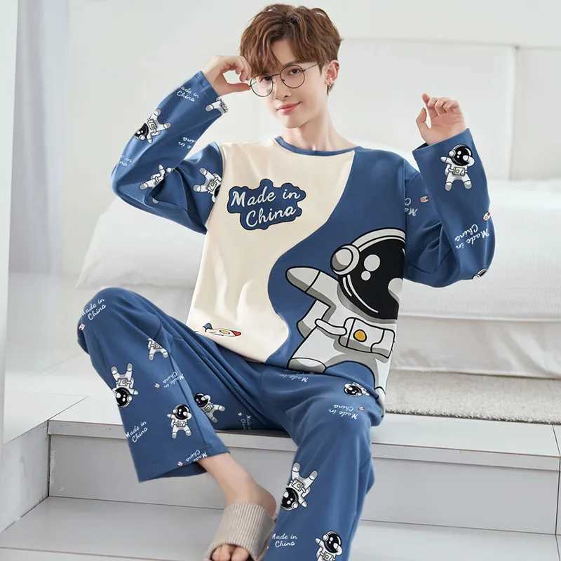 Spring And Autumn Mens Pajamas Teenage Long-Sleeved Pajamas Set Loose Casual Homewear Mens Homewear Suit Y240913