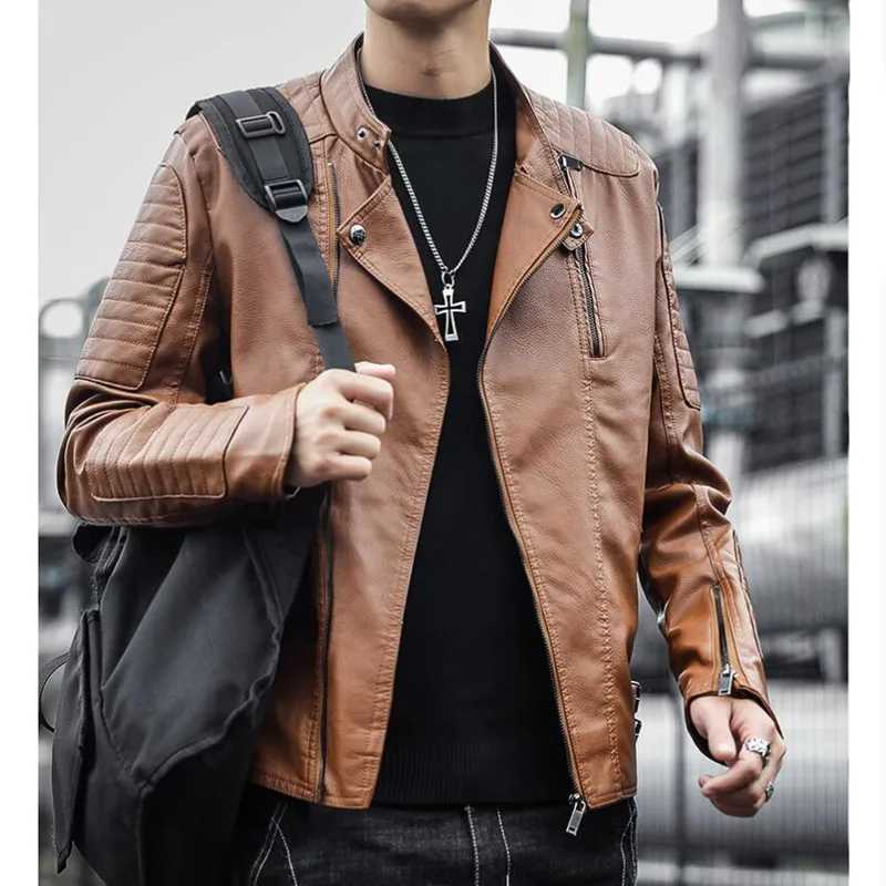2023 Mens Slim Fit Jacket Fashion Solid Color Motorcycle Winter Jackets chaqueta hombre Windproof Black Leather Jackets S-3XLX240913