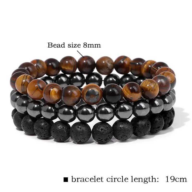 Retro Mens Stone Bracelet 3Pcs Natural Holite Lava Tiger Eye Hematite Bead Elastic Bracelet Set Treatment Energy Jewelry Gift W240913