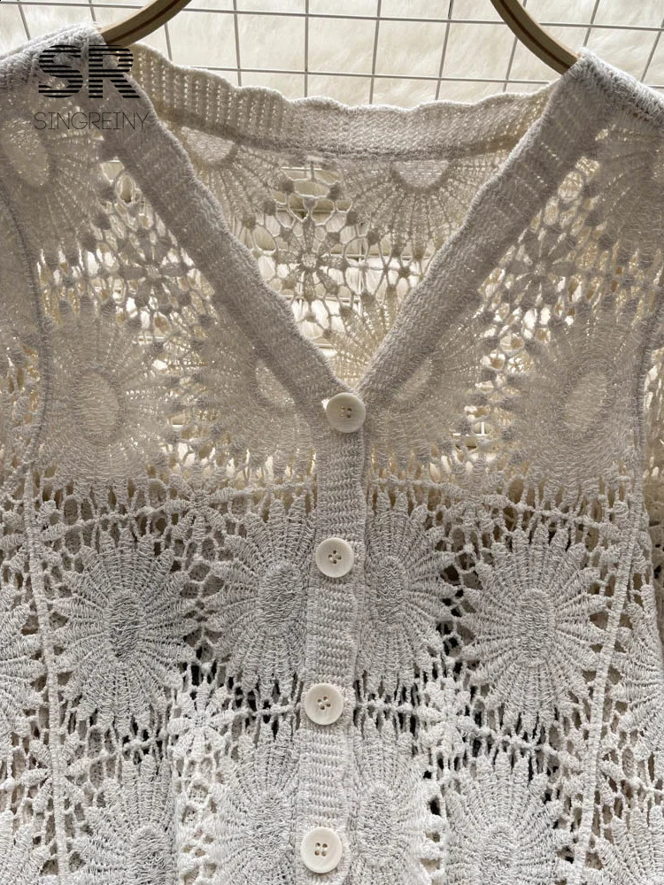 SINGREINY Summer Sunscreen Floral Cardigan V Neck Long Sleeves Loose Knitted Top Fashion Beach Vacation Casual Blouse 240910