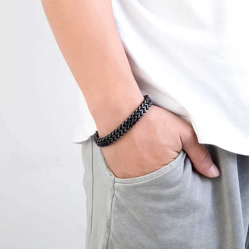 MKENDN Vintage Oxidized Black Double Curb Chain Bracelets for Men Stainless Steel Punk Antique Cubic Foxtail Chain Male PulseiraX240913