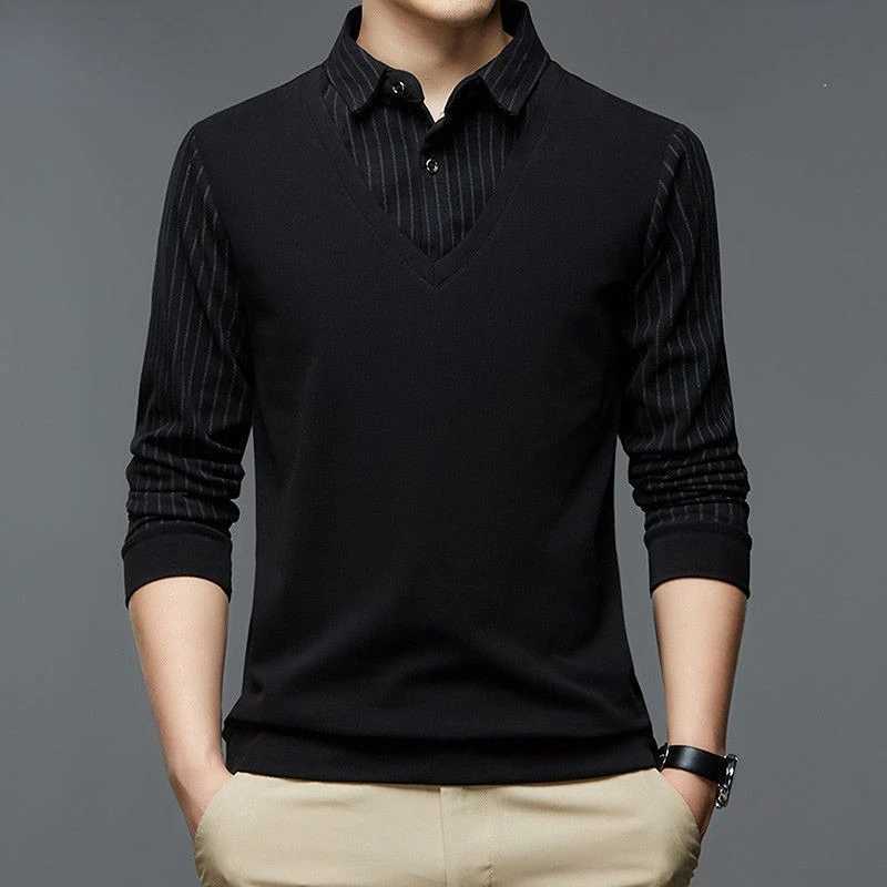 Mens fashionable plain polo shirt with spring and autumn long sleeves bottom collar splicing loose fitting and fake two mens business casual tops W240