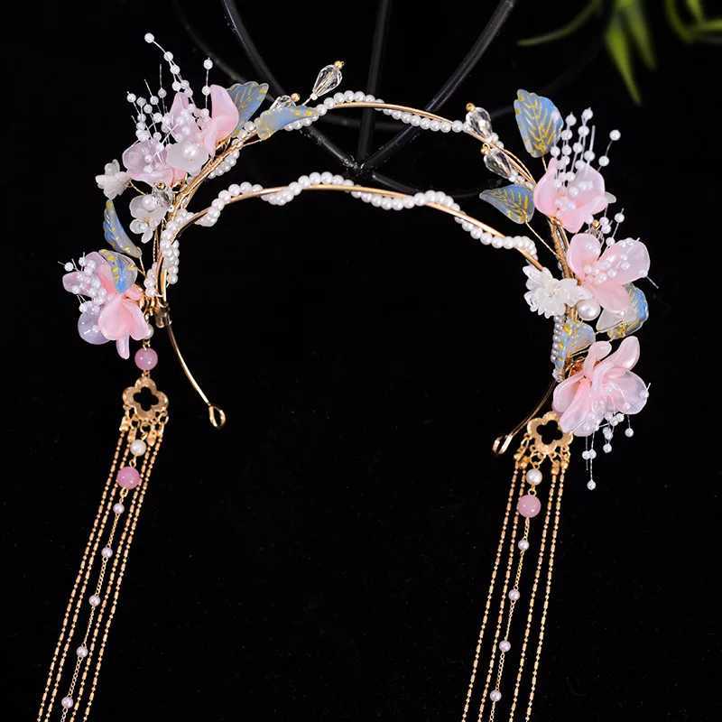 Pearl Hairband Chinese Hanfu Hair Accessoreis Floral Long Tassel Headband Vintage Wedding Hair Hoop Fairy Hair Jewelry For WomenX240913
