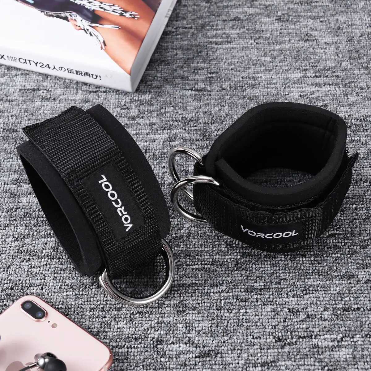 VORCOOL Black 2pcs Ankle Straps Padded D-ring Ankle Cuffs for Gym Workouts Cable Machines Leg Exercises with Carry Bags Y240913