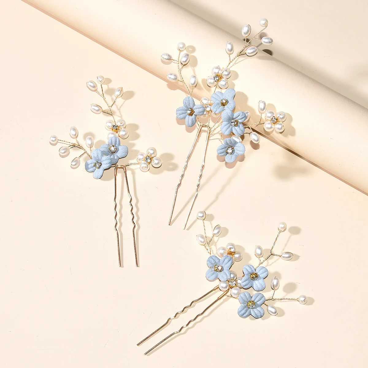 3pcs Blue Flower U Shaped Hair Pins Pearl Elegant Hair Clips Headwear for Wedding Bridal Hairclip Women Hair Jewelry AccessoriesX240913