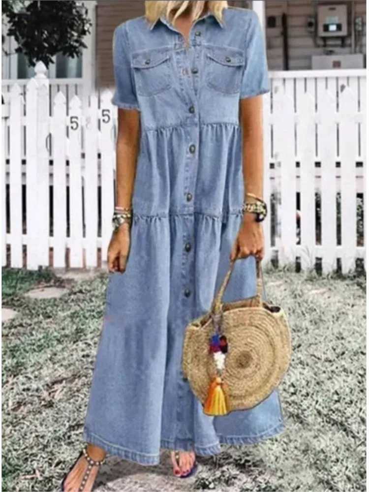 2024 Spring/Summer Womens New Denim Style Long Single Chest Multi Button Retro Short Sleeve Dress W240913
