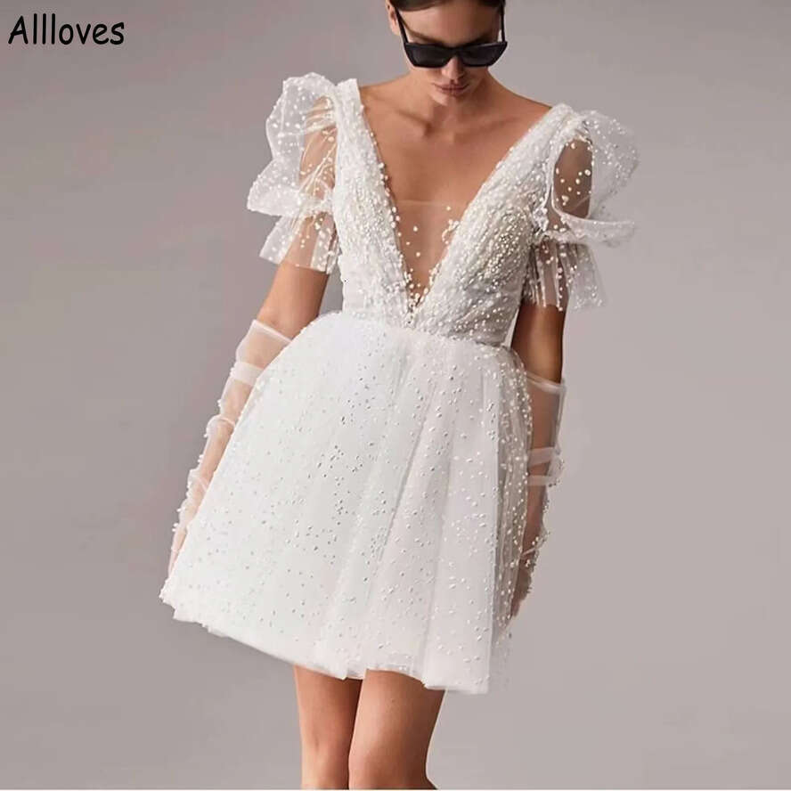 Neck Mini Plunging V A E Wedding Dresses Tulle Pearls Beaded Boho Beach Bridal Gowns With Puffy Short Sleeves Sexy Open Back White Reception Dress For