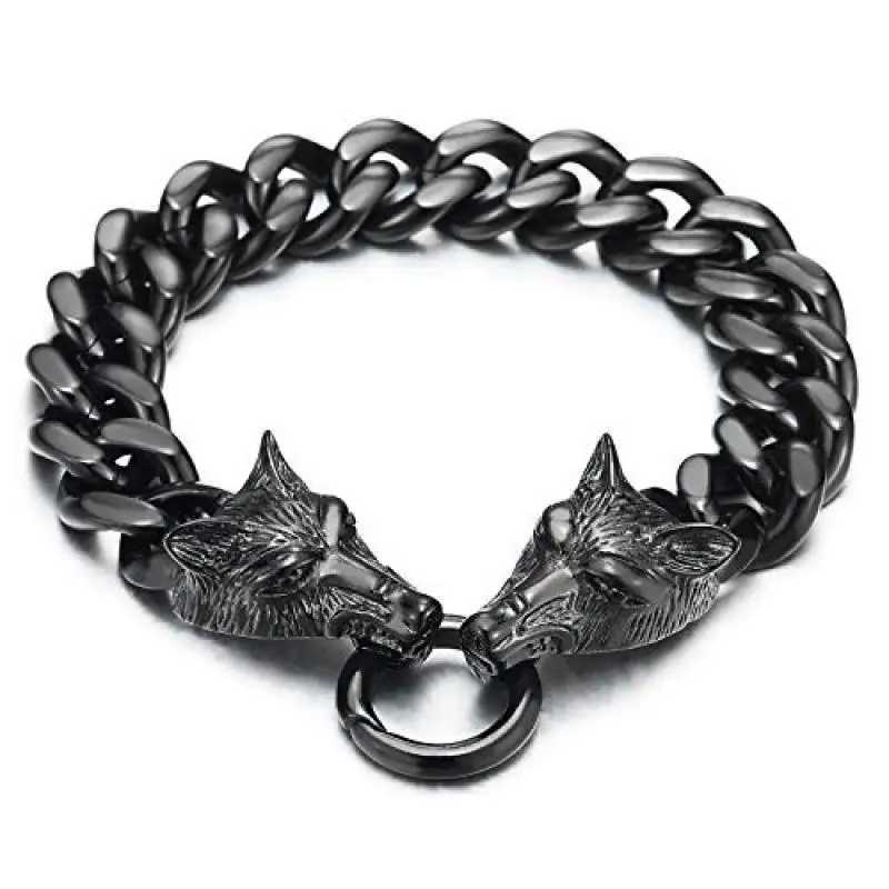 Punk Domineering Fierce Double Wolf Head Bracelet Cuban Chain Mens Personality Rock Trend Party Jewelry GiftX240913