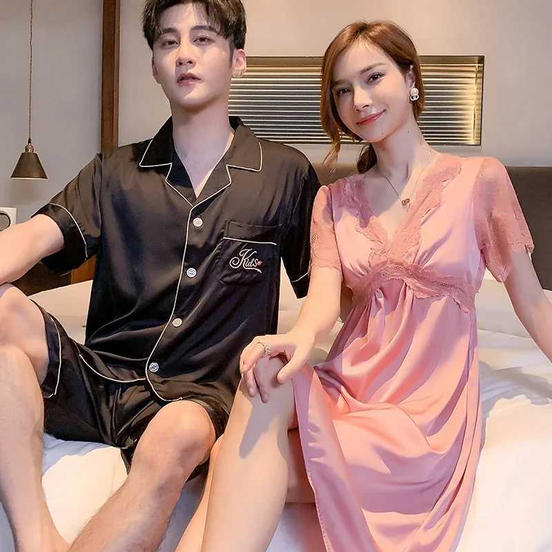 Couples Satin Silk Nightwear Plus Size Mens Short Sleep Sleeves Sleep Tops Shorts Pajamas Set Women Nightdress Home Clothes Y240913