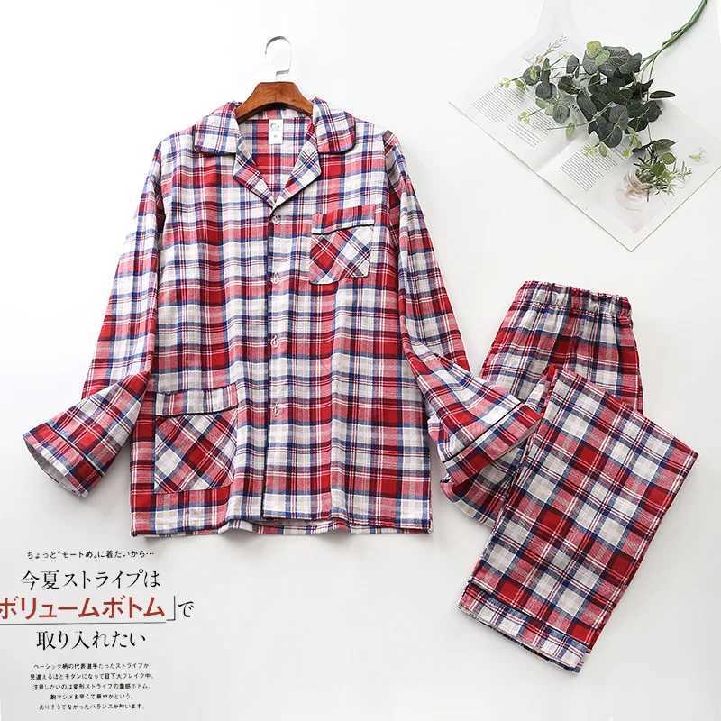 Spring Autumn Men Casual Plaid Pajama Sets Male 100% Cotton Flannel Sleepwear Suit Men Long Sleeve Turn-down Collar Home Clothes Y240913