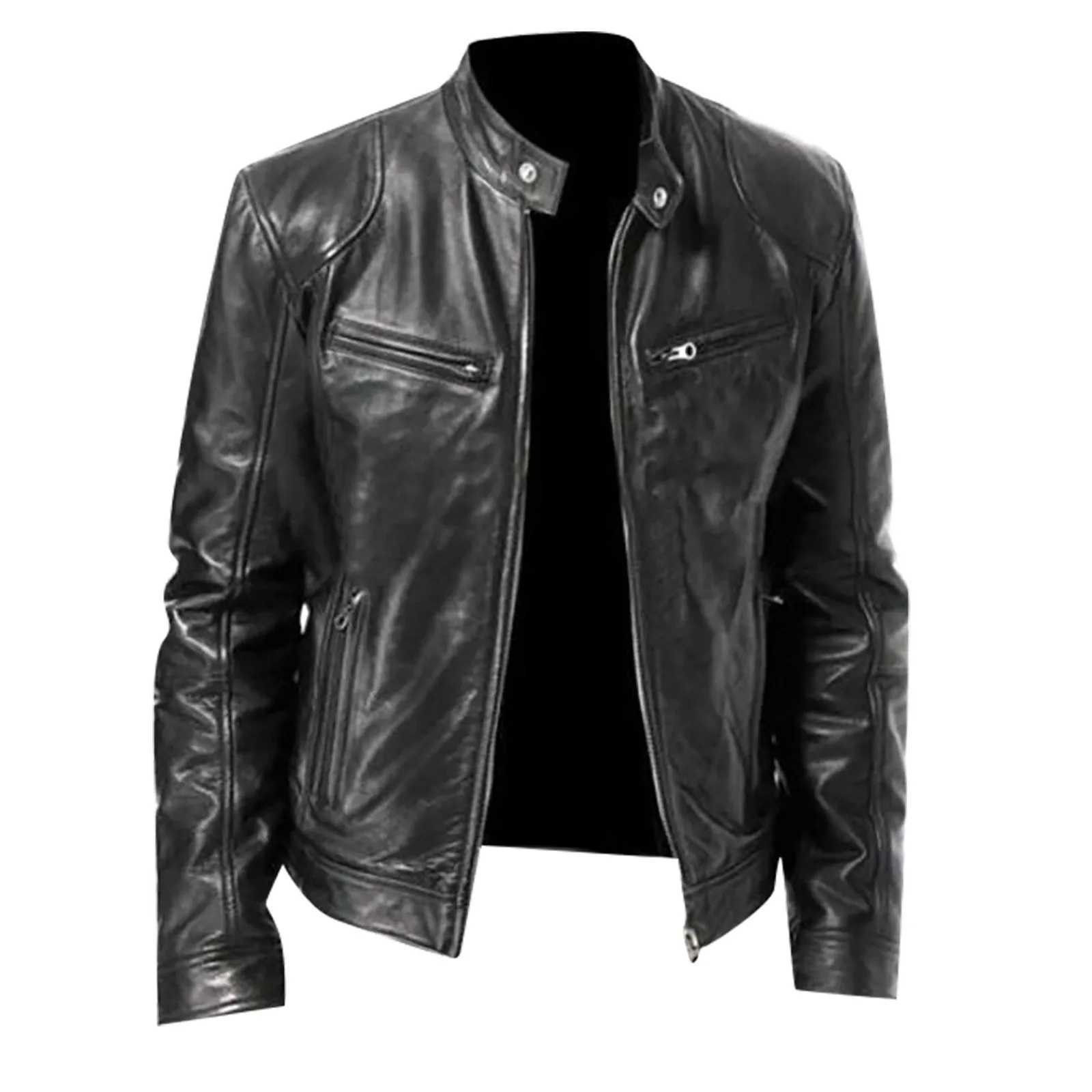 Men Leather Jacket Stand Collar Slim Pu Leather Jackets Spring Autumn Mens Motorcycle Causal Long-sleeved CoatX240913