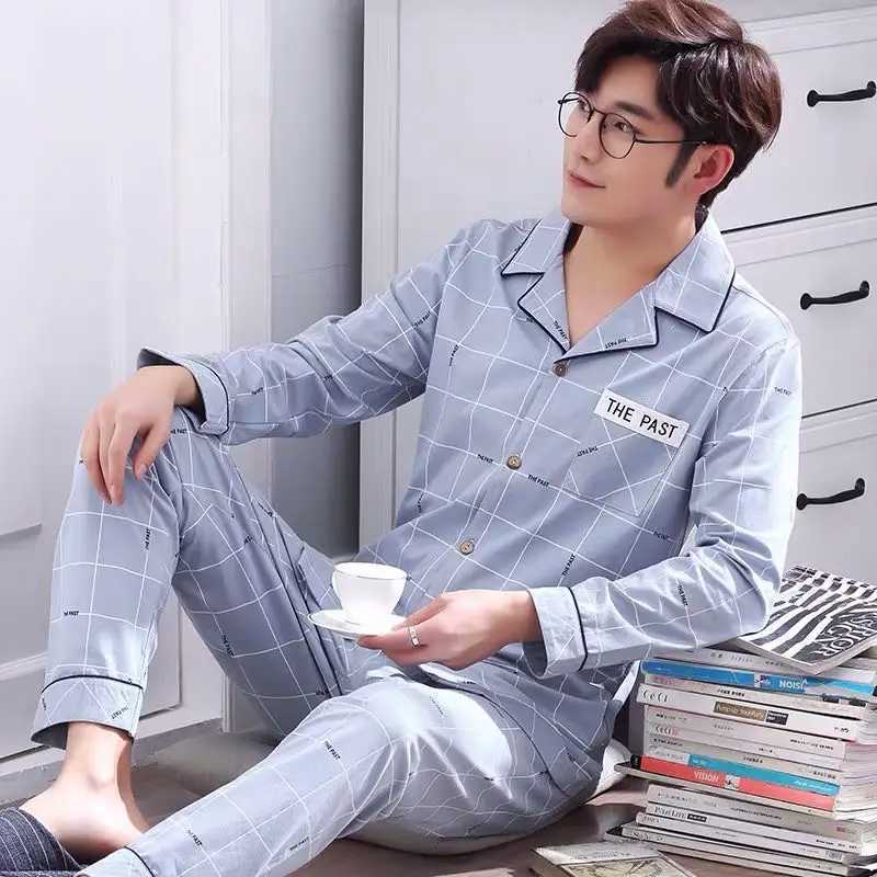 Spring And Summer Cotton Mens Pajamas Long-Sleeved Trousers Boys Pajamas Suit Teenagers Casual Homewear Suit Y240913