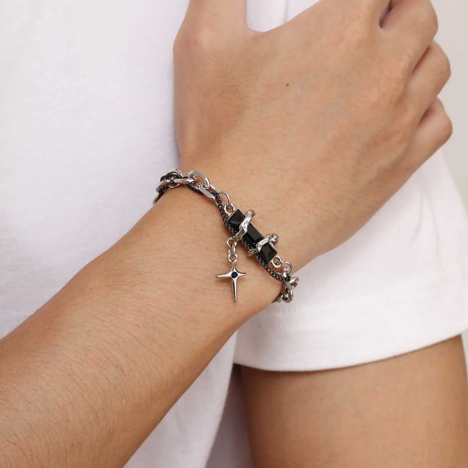 Retro Black Zircon Star Bracelet for Men BoysTrend Stainless Steel Stacked Chain WristbandAdjustable Hiphop Jewelry GiftsX240913