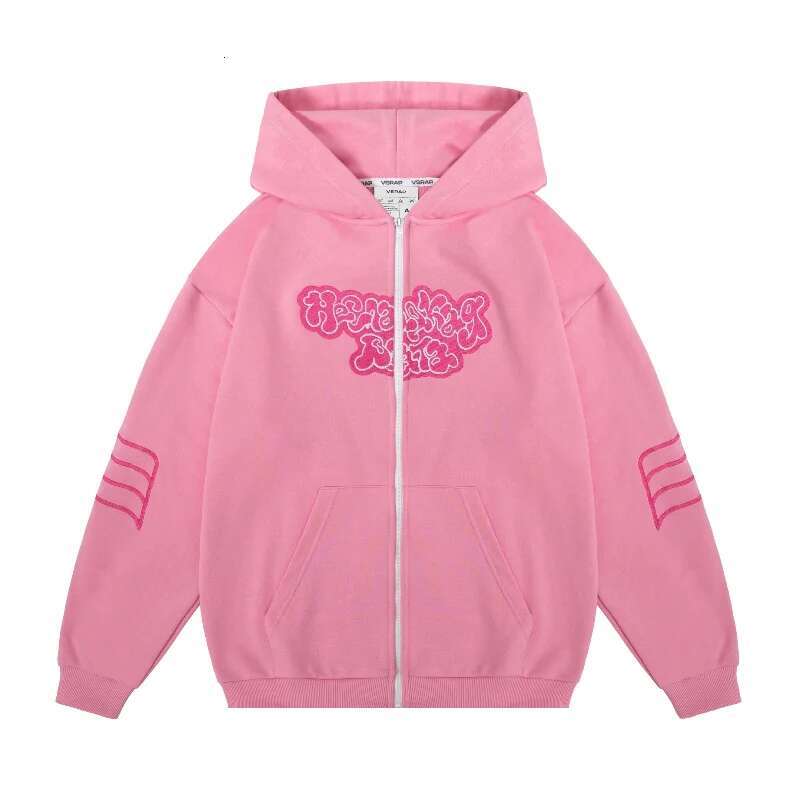 Y2K Zip Up Hoodie Men Women Trendy Art Embroidery Sweatshirt Fashion Haruku Pink Oversized Streetwear Unisex Clothing