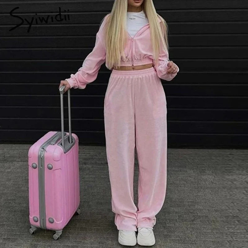 Syiwidii Casual Women Suits Chic Hooded Zipper Cropped Coat Loose Sweatpants Autumn Winter Fashion High Street 2 Pieces Sets 240910
