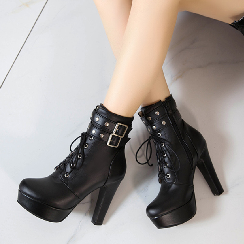 Platform Ankle Lace Up Heels Autumn Winter Short Women Boots Buckle Red Yellow White Sexy Ladies Shoes Large Size 9bd8