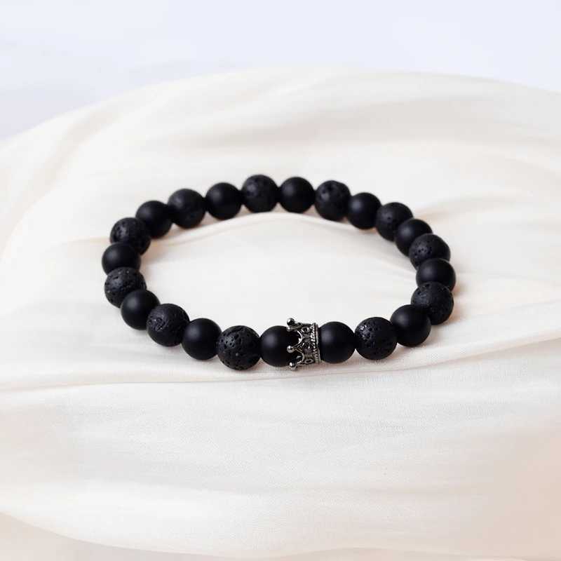8mm Natural Molten Rock Bracelet for Men New Volcanic Stone Black and White Agate Crown Bead Bracelet Jewelry Christmas Gift W240913