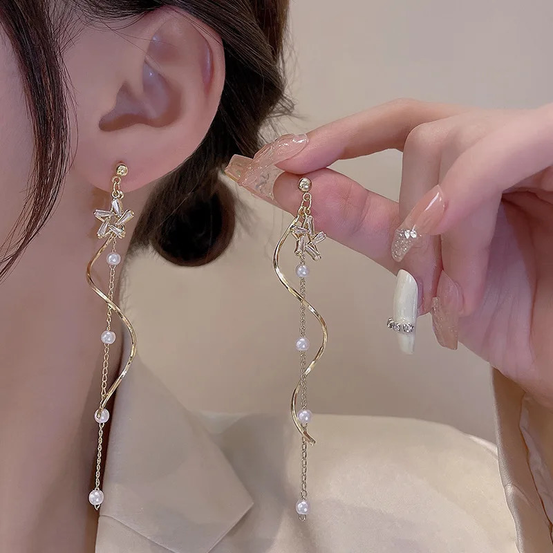 Temperament Crystal Star Tassel Drop Earrings For Women Long Ear Line Bowknot Leaves Girls Wedding Party Jewelry 240906