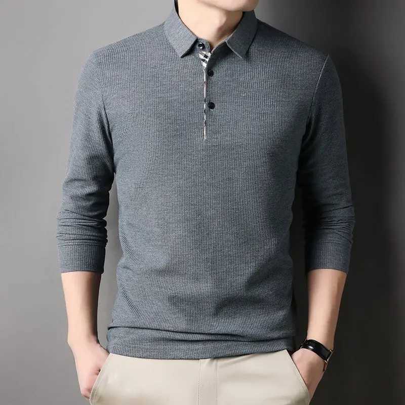 Spring and Autumn mens loose long sleeved polo shirt casual lapel plain weave business collar T-shirt top W240913