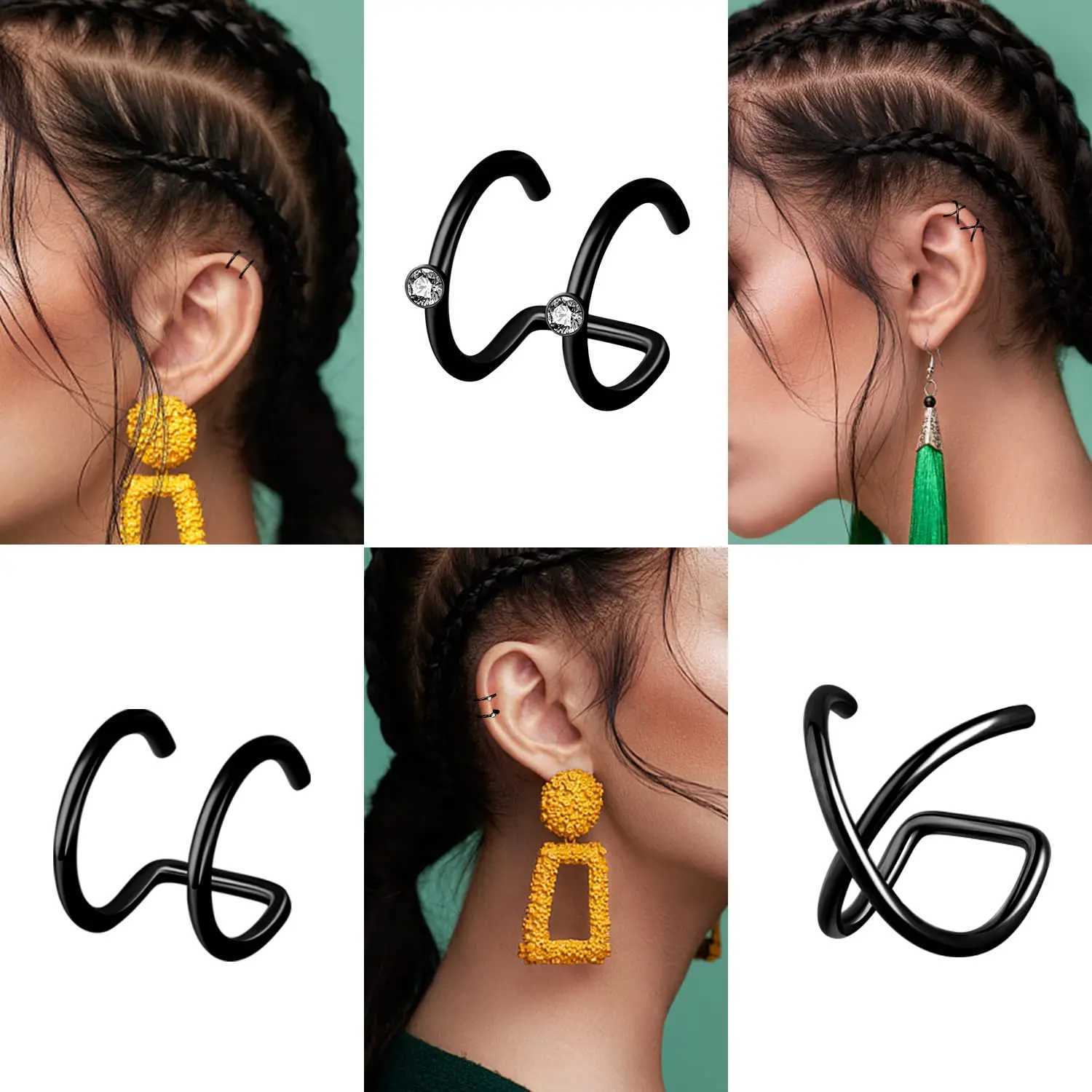 2-20Pcs Black Stainless Steel Adjustable Ear Cuff Wrap Clip On Earrings Fake Non Piercing Cartilage Helix Hoop Earrings SetX240913