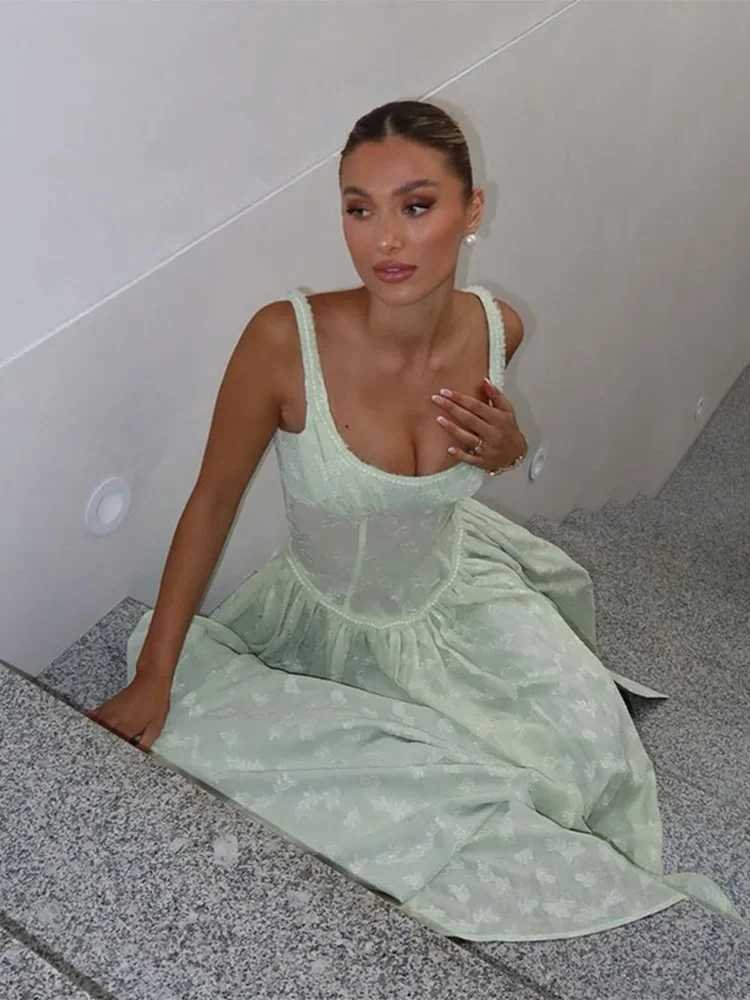 Flower Printed Slim A-line Sling Green Dress Fashion Square Neck High Split Long Dresses 2024 Elegant Chic Evening Wedding RobesX240912