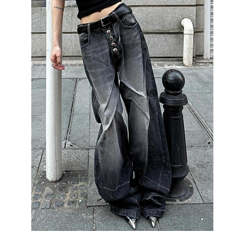 Women Black Jeans Contrasting Colors High Waist American Street Wide Leg Pants Fashion Hip Hop Vintage Straight Autumn Trousers