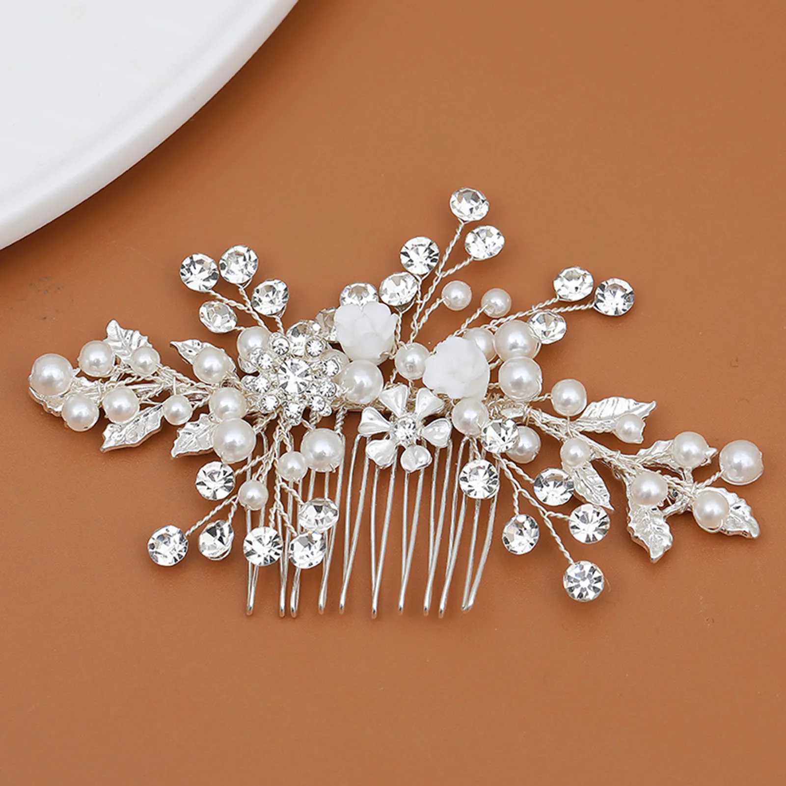 Gold Color Leaf Hair Combs Jewelry Rhinestone Pearl Hair Comb Tiaras Women Headpiece Wedding Bridal Hair Jewelry Accessories SLX240913