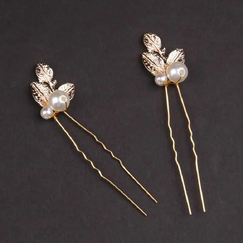 5pcs Leaf U-shaped Hairpin Wedding Hair Accessories Golden Pearl Hair Bride Tiara Marrige Hair Jewelry Marriage Bijoux For WomenX240913