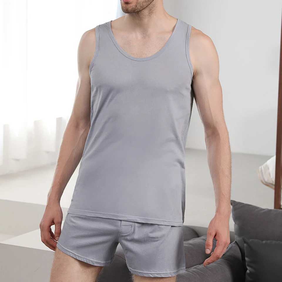 Mens Pajamas Set Summer Thin Cotton Male Sleeveless Vest Shorts Sleepwear Loungewear Nightwear Homesuit Casual Homewear Y240913