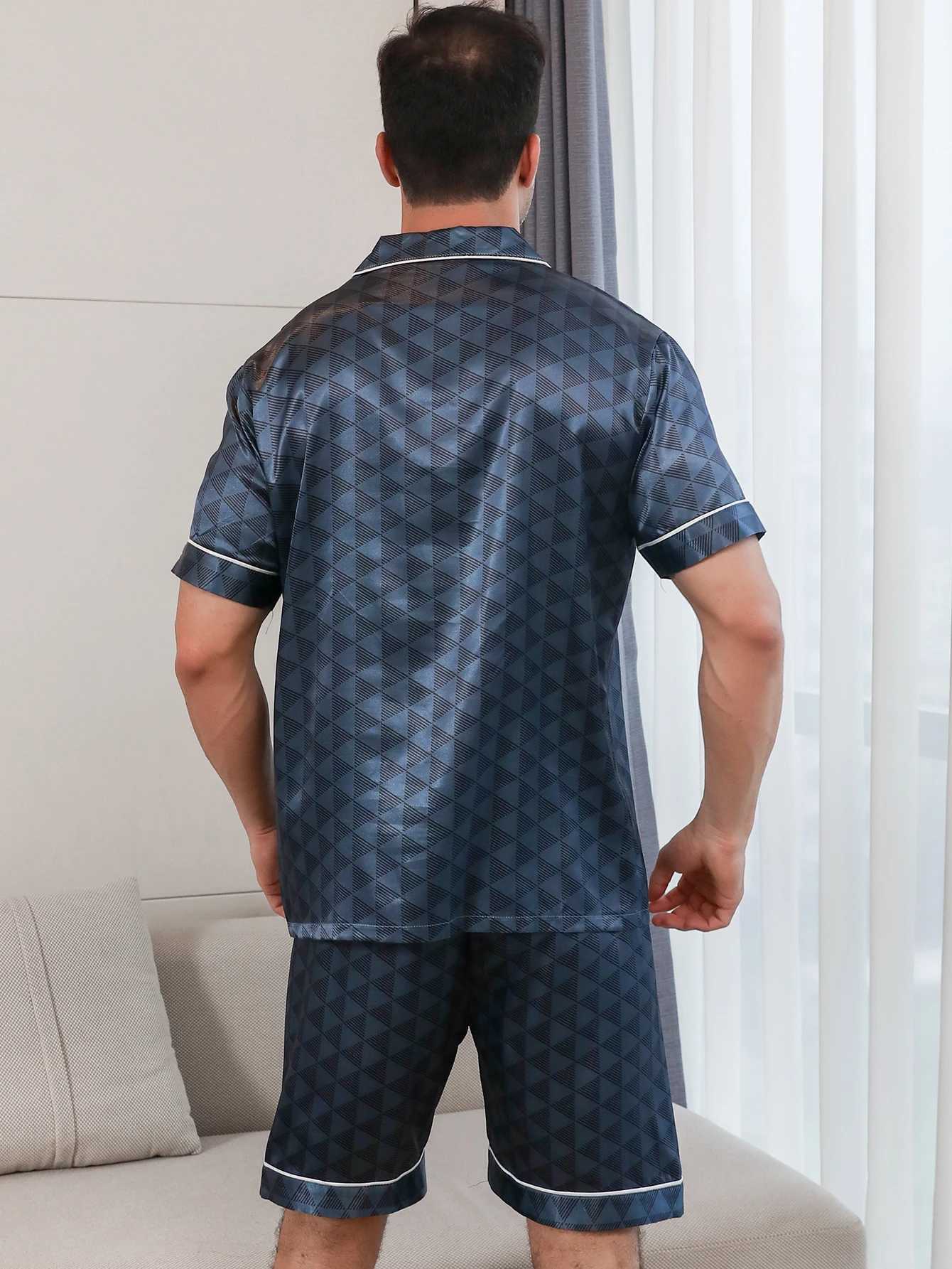 Two piece sets mens sleepwear summer short sleeved shorts triangle pattern printed home clothes sleepwear set Y240913