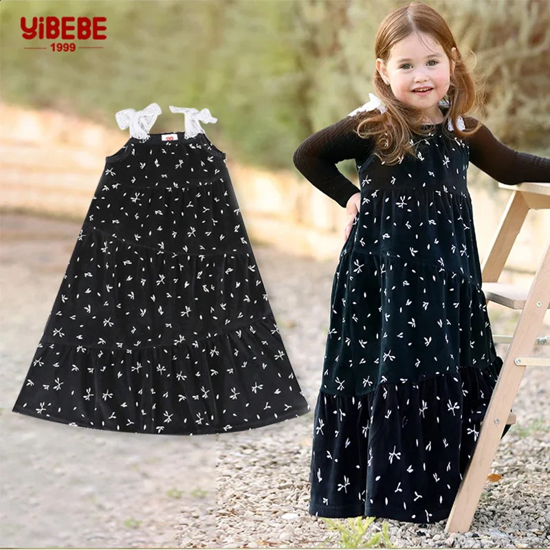 3T-20T Toddler Girls Maxi Dress Girl Lace Tie Shoulder Sleeveless Overall Dress Black Velvet Winter Robe DressSuspender Skirt 240906