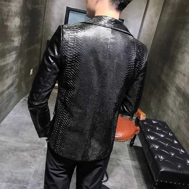 New Crocodile Patterns Leather Jacket mens solid lapel Slim Fit PU Coats Casual Blazer Leather Jacket Motorcycle OutwearX240913