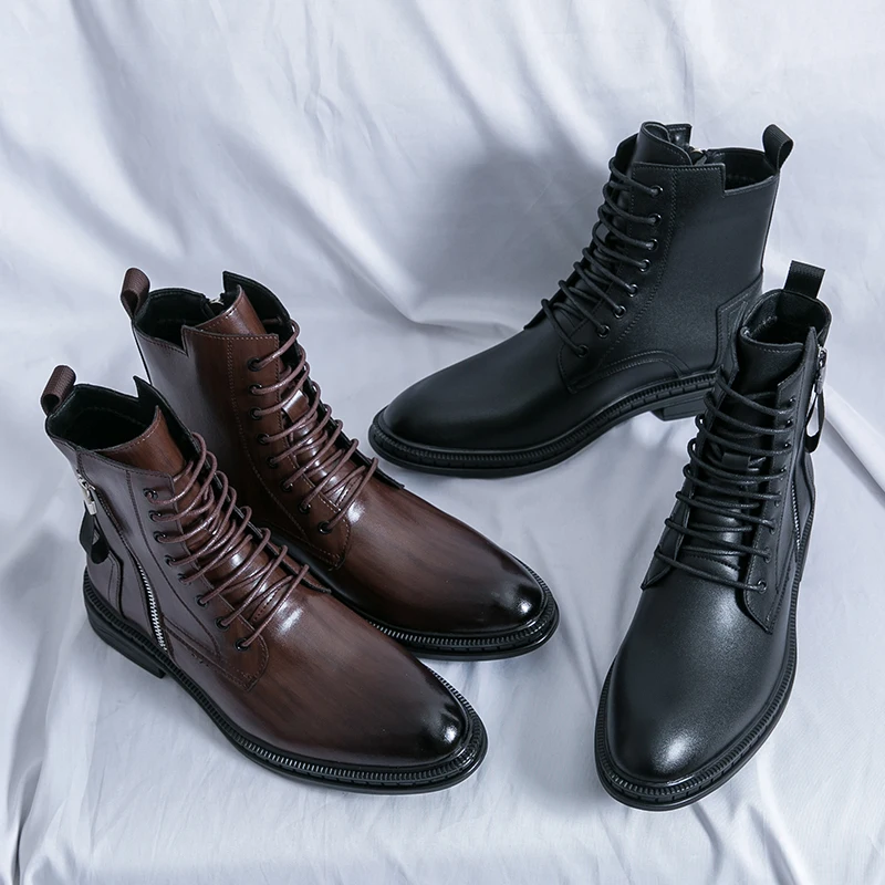 Mens 2024 High Top British Style Thick Bottom Motorcycle Leather Black Laced Denim Round Toe Side Zipper Punk Boots d8cb