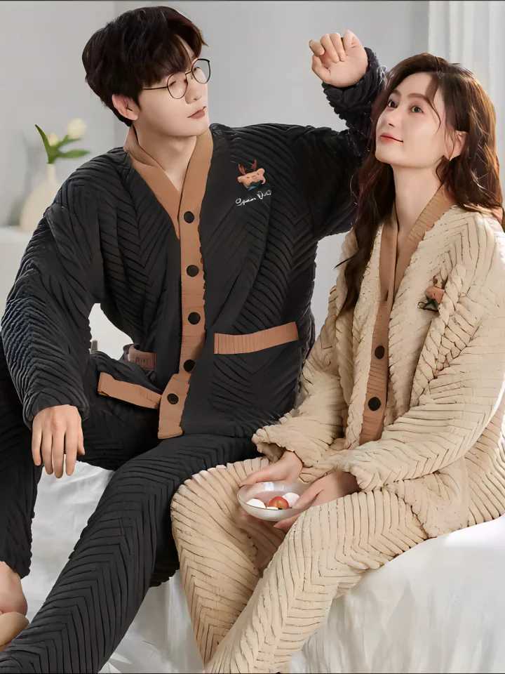 Couple Look Pijama Room Wear Winter Warm Sleepwear Big Size Pajamas Man Woman Set Korean Style Two Piece Nighty Dress Romantic Y240913